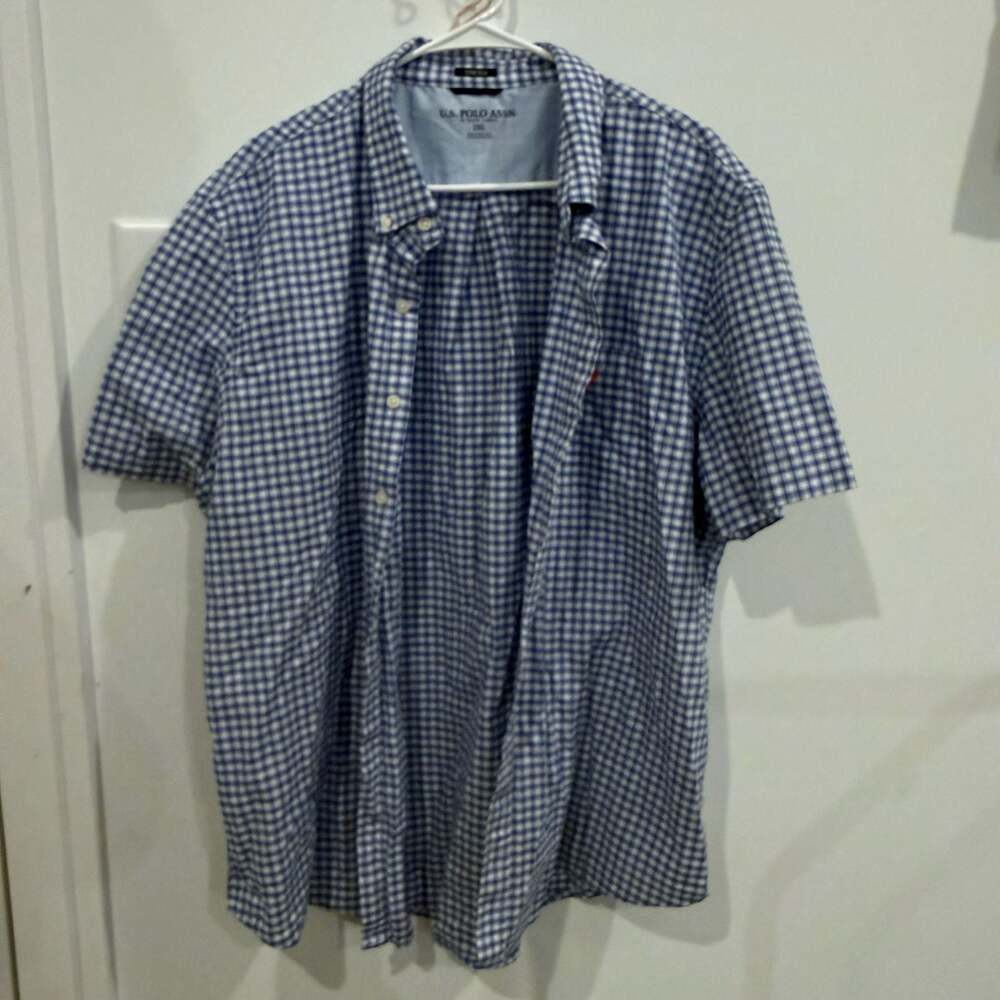 U.S. Polo Assn. Men's 2XL Blue and White Gingham Short Sleeve Stretch Button Dow